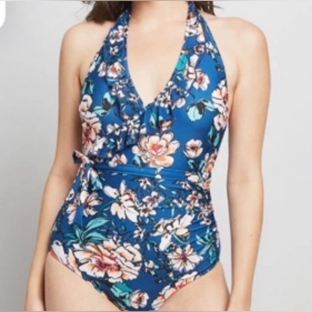 MODCLOTH The Reese One-Piece Blue Floral Swimsuit *no size tag*